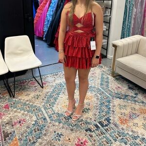 Sherri Hill Red Beaded Ruffle Mini Dress